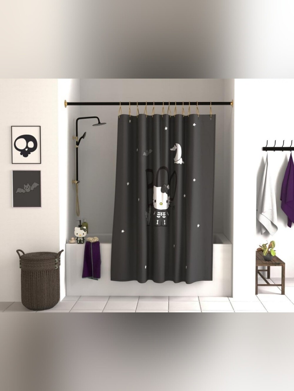 Brand New Hello Kitty Halloween Skelwton Shower Curtain - Picture 4 of 6